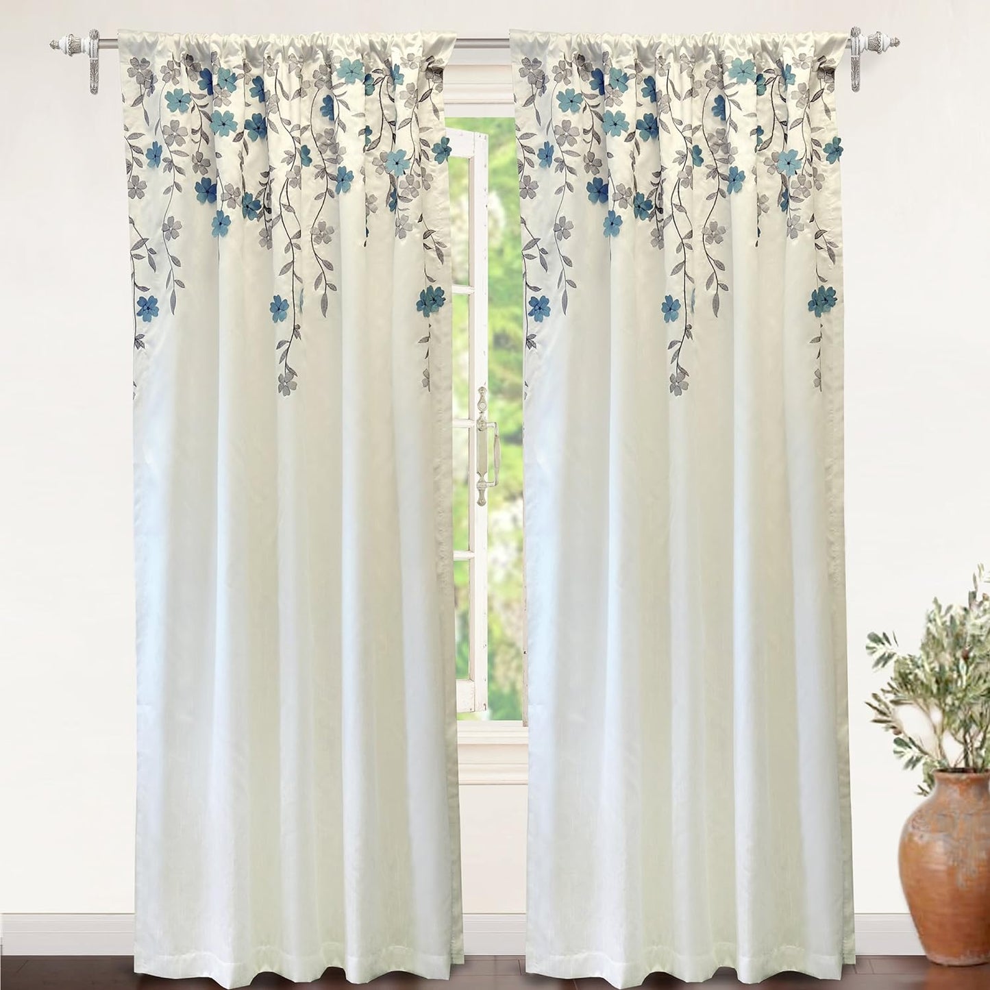 Driftaway Aubree Weeping Flower Print Thermal Room Darkening Privacy Window Curtain for Bedroom Living Room Rod Pocket 2 Panels 52 Inch by 84 Inch Blue  DriftAway One Panel Ivory Blue 50"X96" 