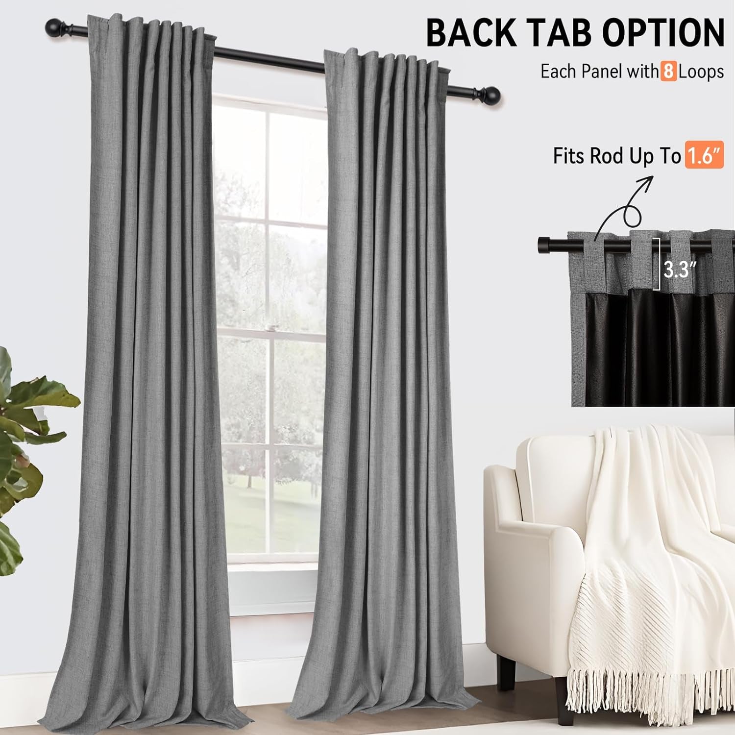 100% Blackout Shield Blackout Curtains for Bedroom Faux Linen Black Out Curtains 84 Inch Length 2 Panels Set, Back Tab/Rod Pocket Thermal Insulated Curtains with Black Liner, 50W X 84L, Dark Grey  100% Blackout Shield   