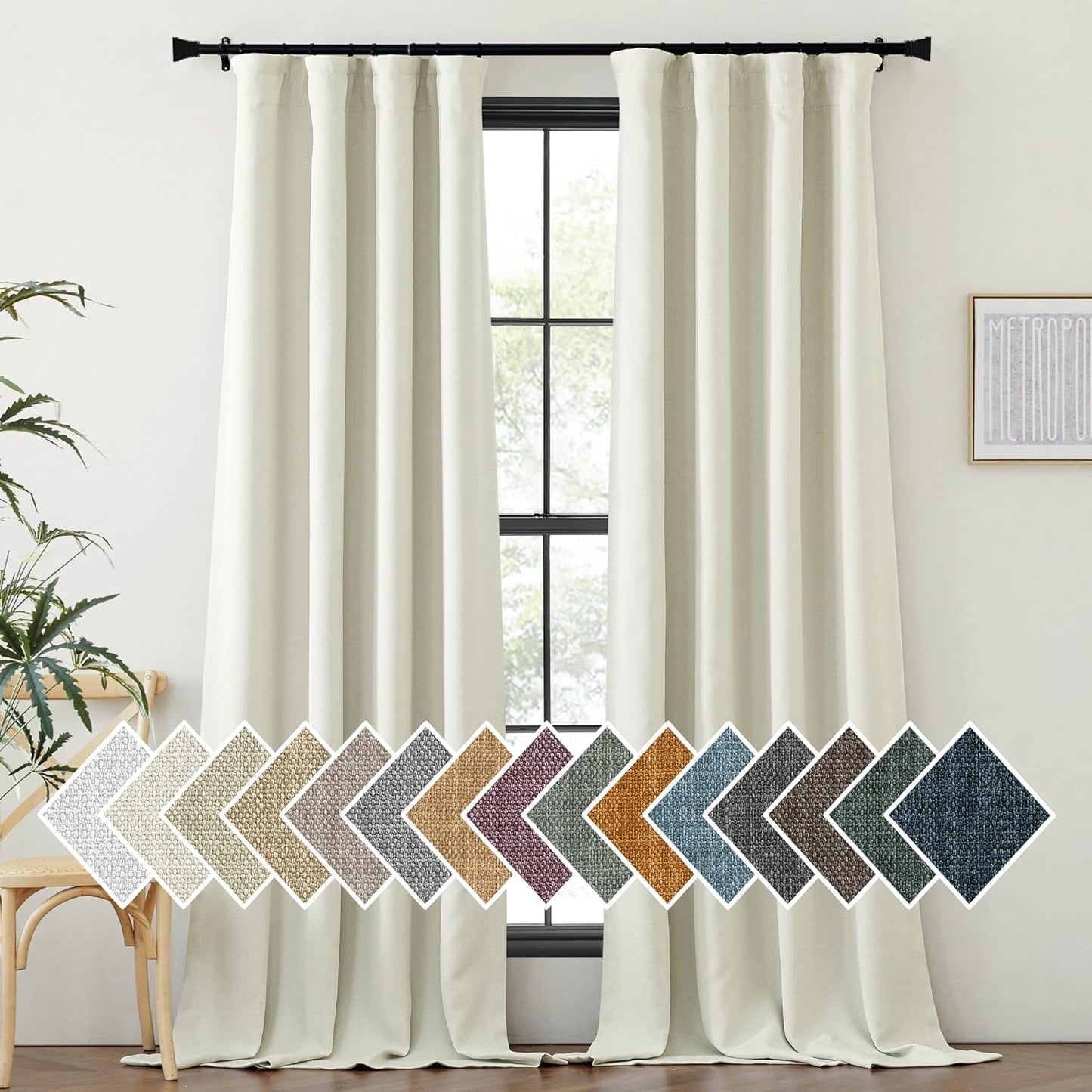 NICETOWN Faux Linen Room Darkening Curtains & Drapes for Living Room, Dual Rod Pockets & Hook Belt Heat/Light Blocking Window Treatments Thermal Drapes for Bedroom, Angora, W52 X L84, 2 Panels  NICETOWN Natural W52 X L102 