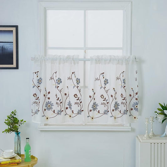 Kitchen Cafe Tier Curtains Small Sheer Voile Curtain Elegant Floral Embroidered Valances Farmhouse Modern Short Small Half Window Curtains & Drapes Rod Pocke for Bedroom/Living Room/Kitchen