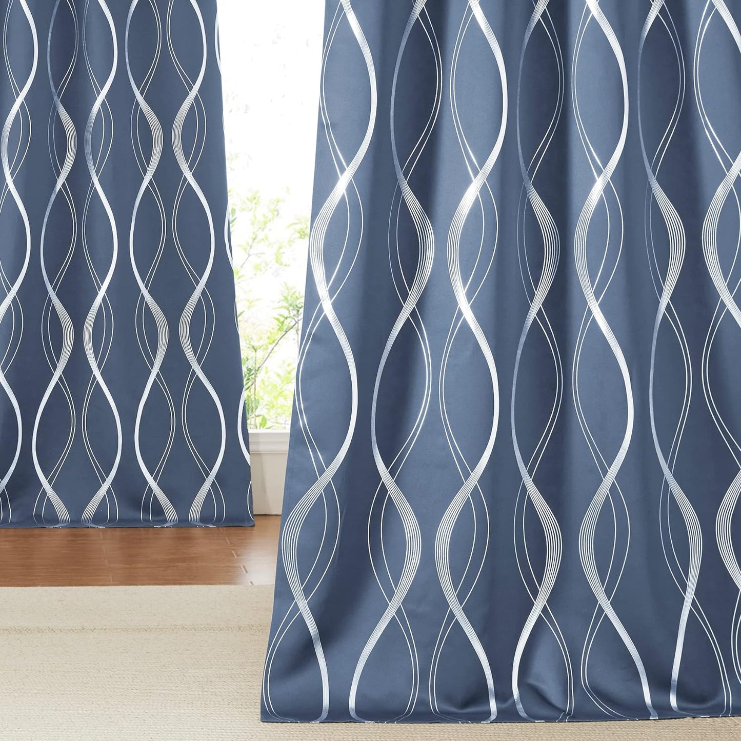 NICETOWN Grey Blackout Curtains 84 Inch Length 2 Panels Set for Bedroom/Living Room, Noise Reducing Thermal Insulated Wave Line Foil Print Drapes for Patio Sliding Glass Door (52 X 84, Gray)  NICETOWN Stone Blue 42"W X 84"L 