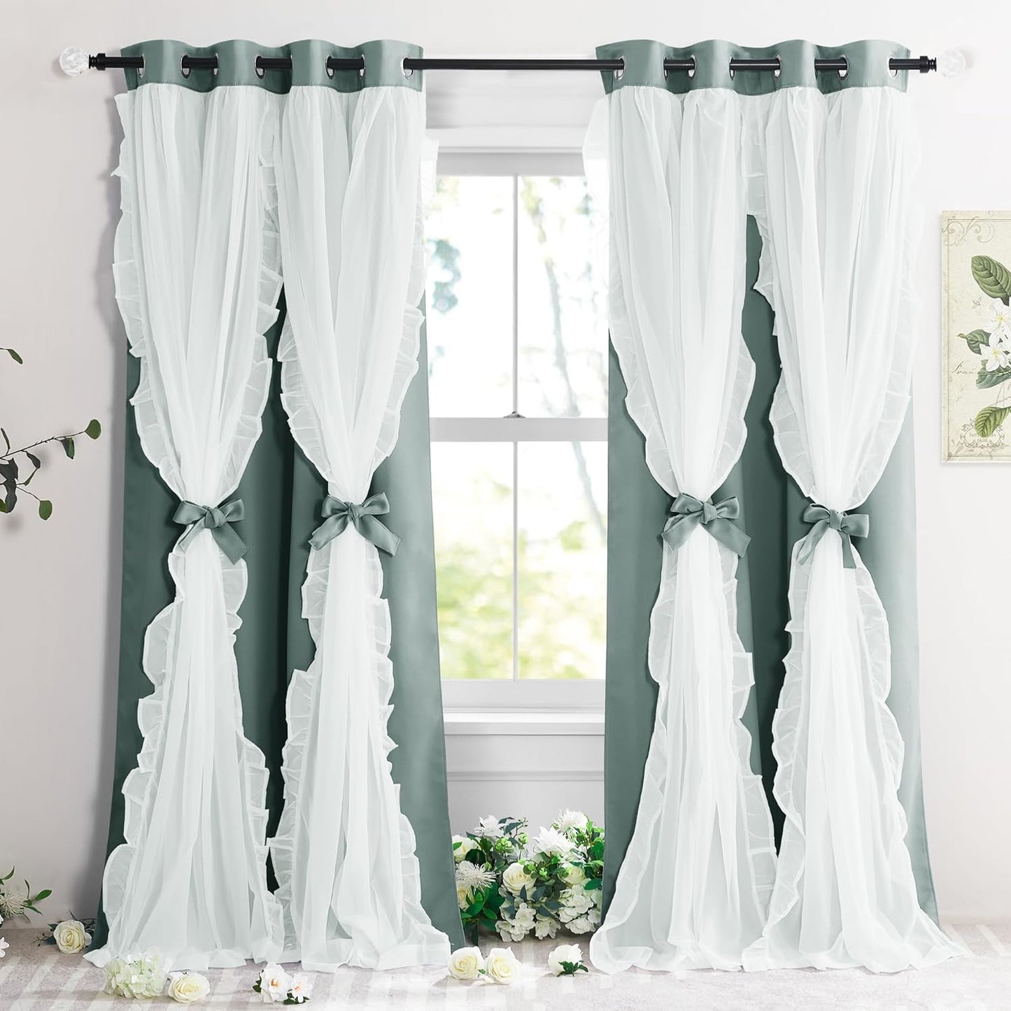 PONY DANCE Blackout Curtains for Living Room Decor Window Treatment Double Layer Drapes Ruffle Sheer Overlay Farmhouse Rustic Design, W 52 X L 84 Inches, Sage Green, 2 Panels  PONY DANCE Fluorescent Blue 52" X 84" 