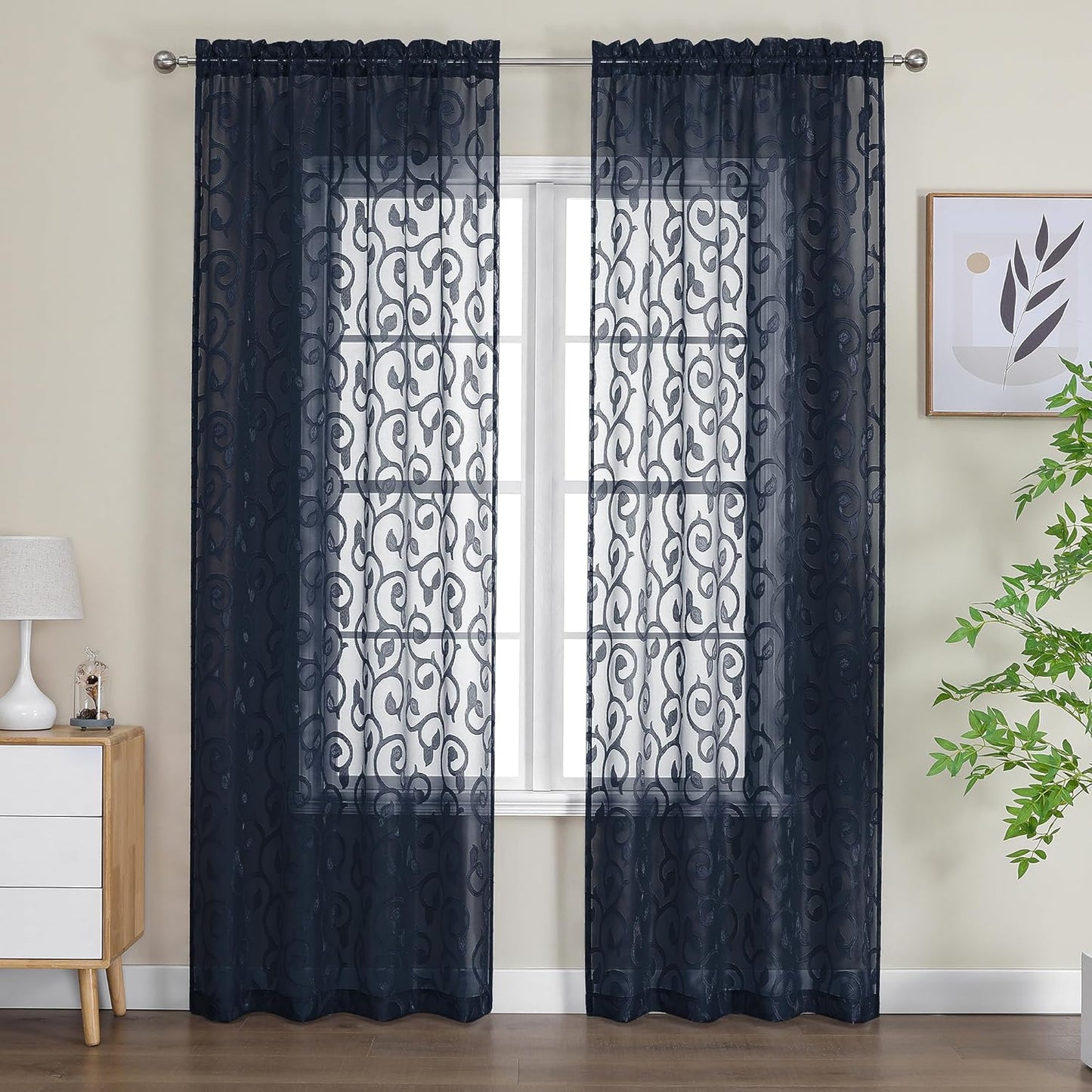 OWENIE Furman Sheer White Curtains 84 Inches Long for Bedroom Living Room 2 Panels Set, White Curtains Jacquard Clip Light Filtering Semi Sheer Curtain Transparent Rod Pocket Window Drapes, 2 Pcs  OWENIE Navy Blue 40W X 96L 