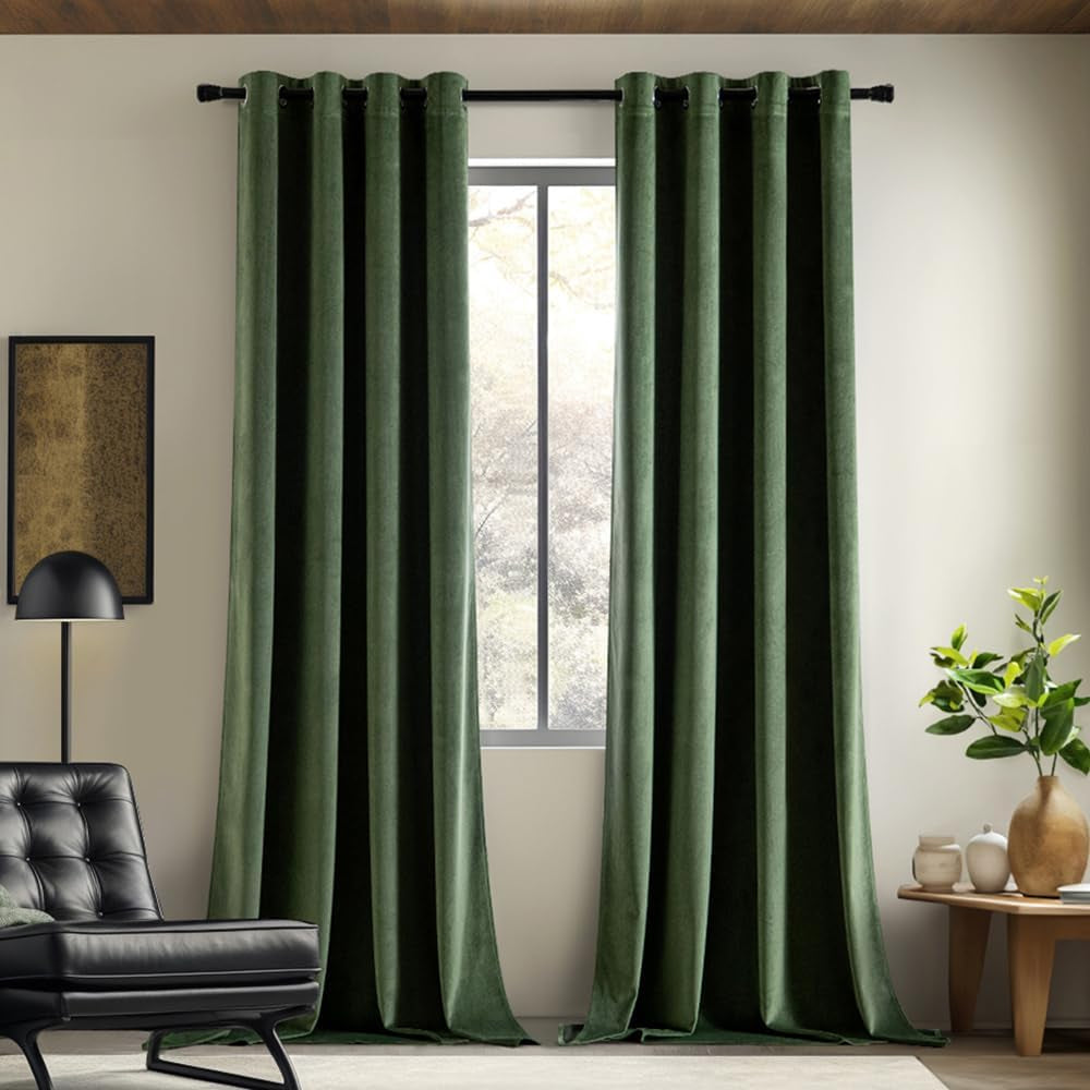 EMEMA Olive Green Velvet Curtains 84 Inch Length 2 Panels Set, Room Darkening Luxury Curtains, Grommet Thermal Insulated Drapes, Window Curtains for Living Room, W52 X L84, Olive Green  EMEMA   