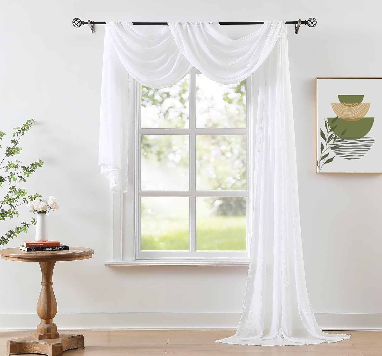 1 Piece Ombre Chiffon Sheer Window Scarf Valance Curtains 18Ft for Living Room, Home Decor, 52"X216" Long Crinkle Soft Window Top Sheer Voile Valance for Wedding Party Decor, Grey