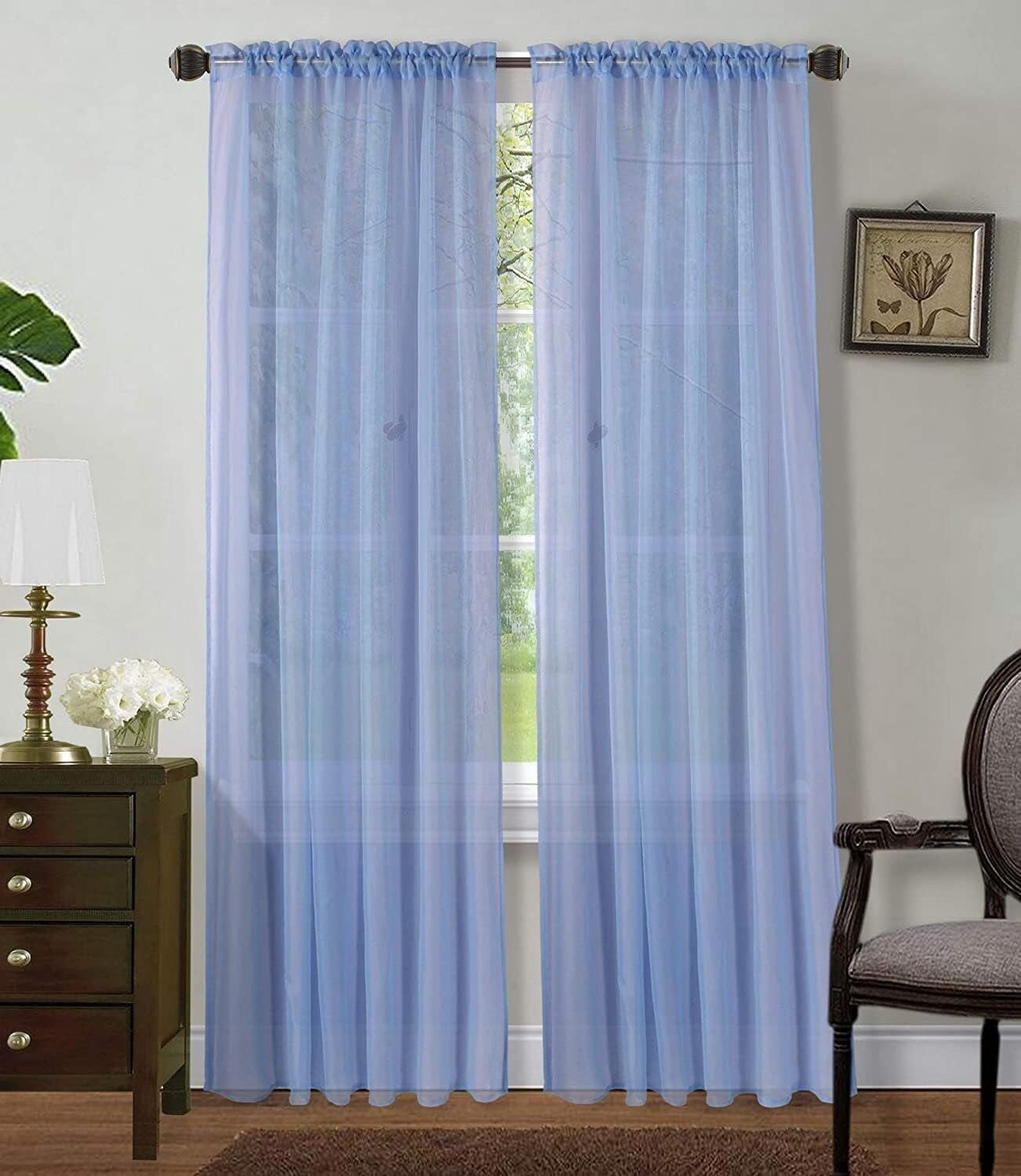 2 Piece Sheer Luxury Curtain Panel Set for Kitchen/Bedroom/Backdrop 84" Inches Long (White )  Jasmine Linen Light Blue  