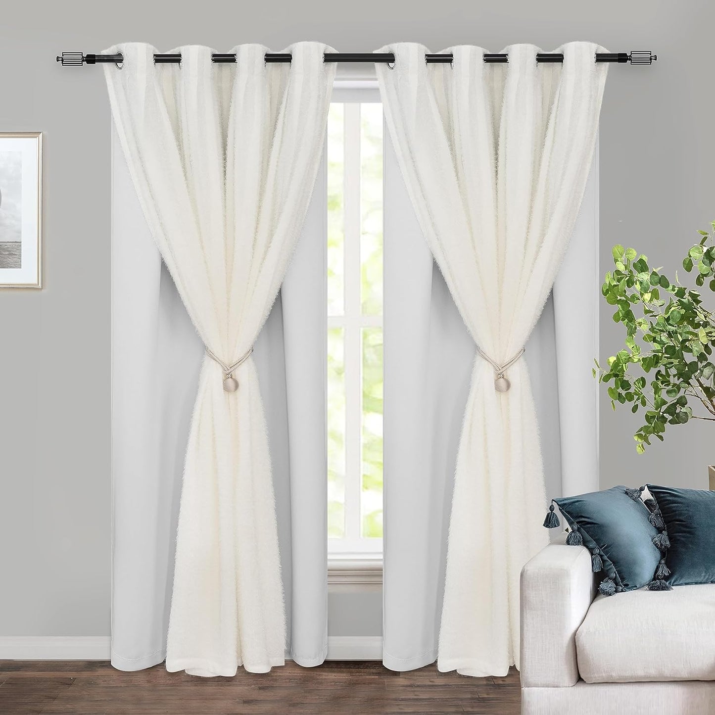 Driftaway White Pinch Pleated Voile Sheer Blackout Thermal Curtain Liner Embroidered with Pom Pom Lined Grommet Curtain for Kids Girls Bedroom Nursery Room 84 Inch Single Panel  DriftAway Creamy White 52"X84" 