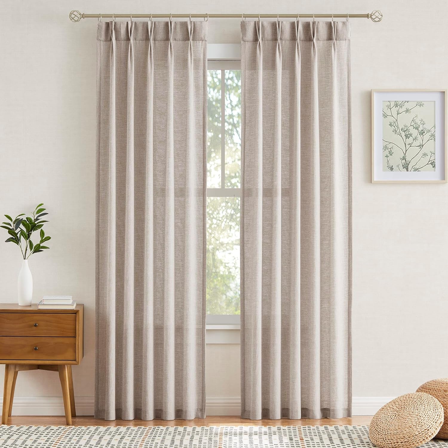Enactex Linen Textured Pinch Pleat 25 X 84 Inch Semi Sheer Back Tab Curtains Light Filtering Drapes for Living Room Farmhouse Privacy Protect Window Treatments for Bedroom Patio Door 2 Panels, Tan  Enactex   