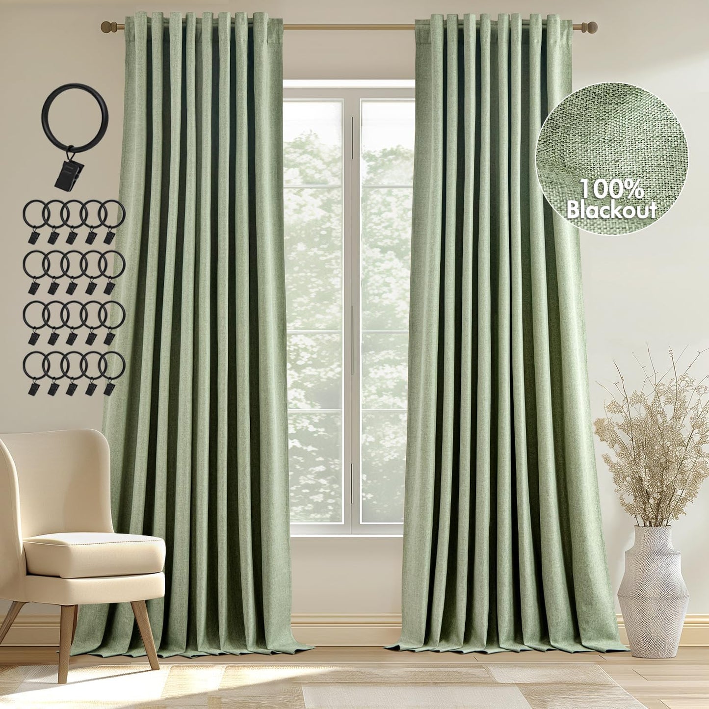 MIULEE 100% Blackout Curtains 90 Inches Long, Linen Curtains & Drapes for Bedroom Back Tab Black Out Window Treatments Thermal Insulated Room Darkening Rod Pocket, Oatmeal, 2 Panels  MIULEE Sage Green 52"W*90"L 