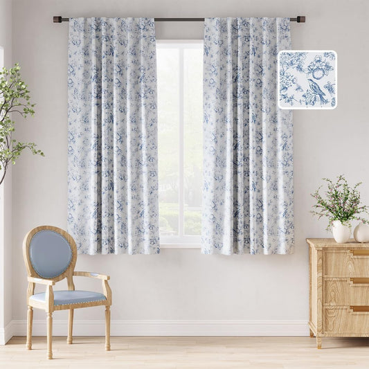 Jinchan 100% Blackout Floral Curtains 63 Inch Length, Printed Flower Blue Blackout Curtains for Bedroom Rod Pocket Back Tab Full Blackout Curtains Thermal Insulated Window Drapes, 2 Panels Blue  CKNY HOME FASHION Blue W52 X L63 