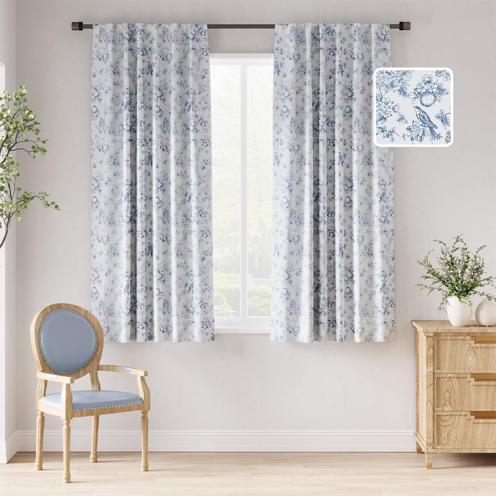 Jinchan 100% Blackout Floral Curtains 63 Inch Length, Printed Flower Grey Blackout Curtains for Bedroom Rod Pocket Back Tab Full Blackout Curtains Thermal Insulated Window Drapes, 2 Panels Gray  CKNY HOME FASHION Blue W52 X L63 