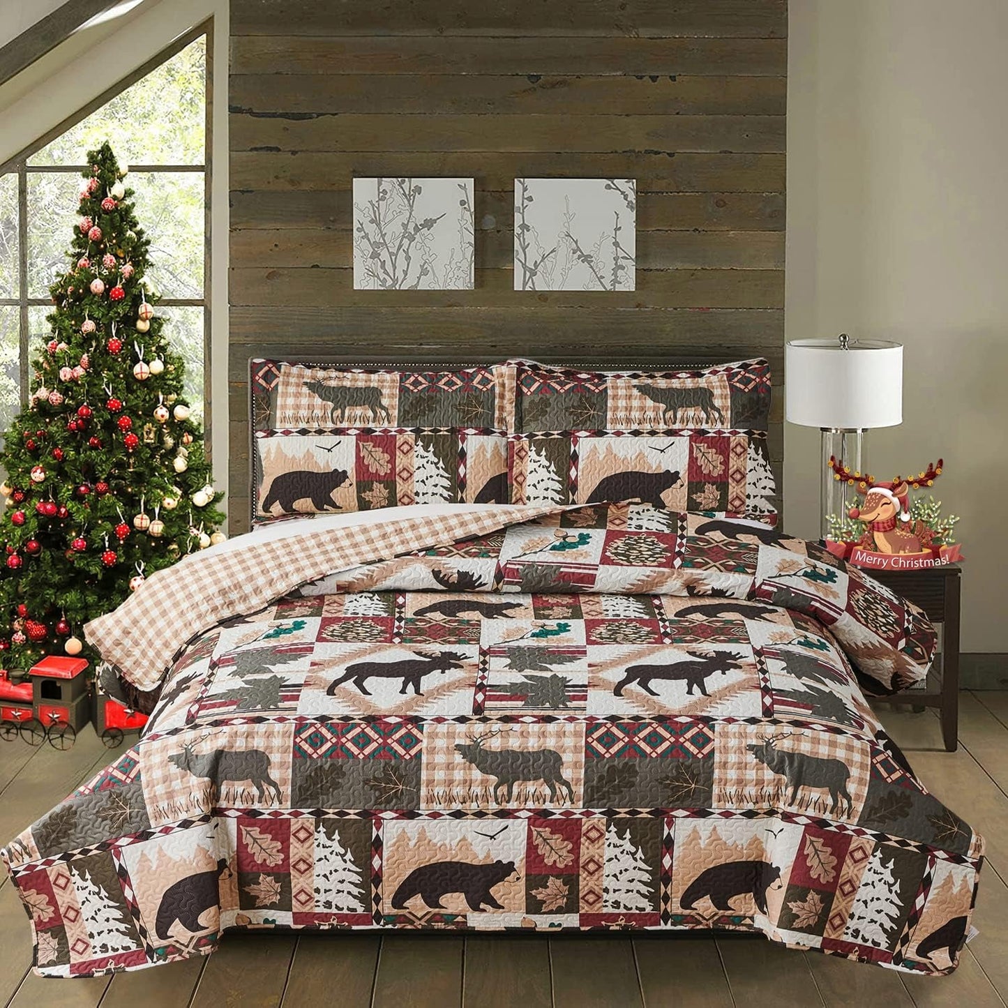 3 Piece Rustic Quilts Set Full/Queen Size Bedspreads, Lightweight Lodge Quilt Bedding Sets Comforter with 2 Pillow Shams Patchwork Bear Themed Coverlet for All Season