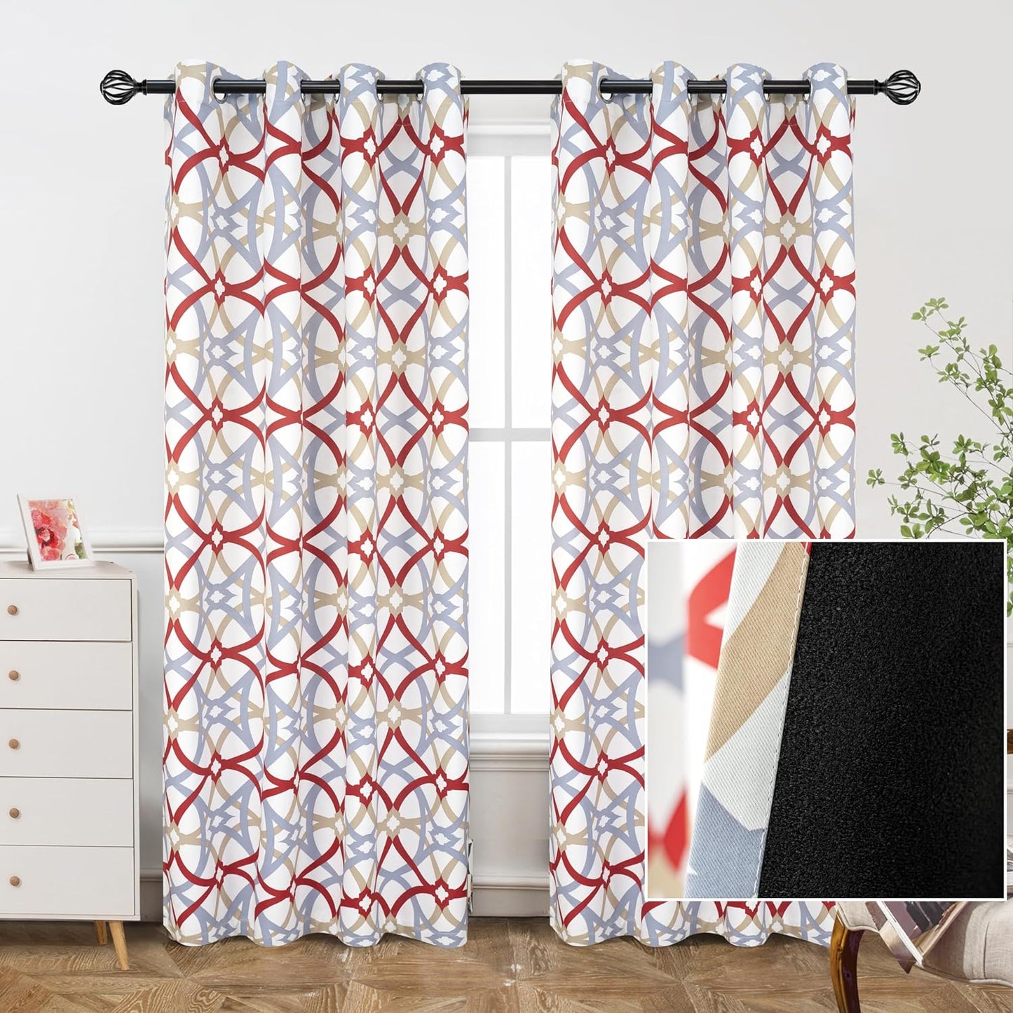 Driftaway Alexander Thermal Blackout Grommet Unlined Window Curtains Spiral Geo Trellis Pattern Set of 2 Panels Each Size 52 Inch by 84 Inch Red and Gray  DriftAway Thermal Red 52"X84" 