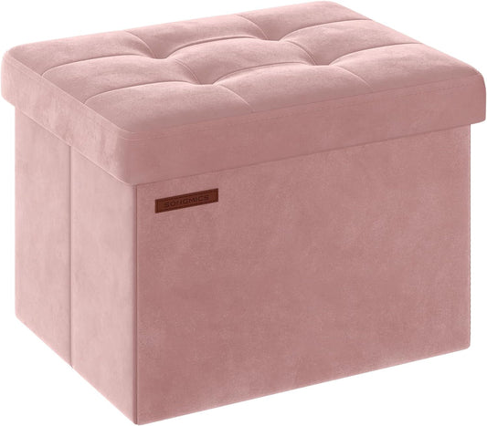 SONGMICS Storage Ottoman, Foldable Small Ottoman Foot Rest, 12.2 X 16.1 Inches Foot Stool, Ottoman with Storage, Load up to 286 Lb, for Living Room, Bedroom, Dorm, Jelly Pink ULSF200R01