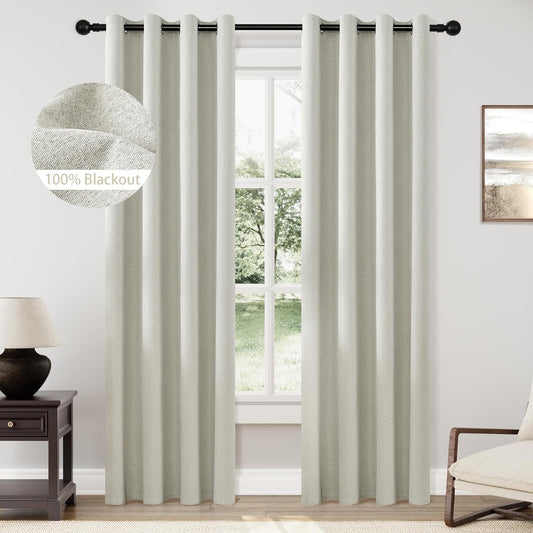Full Blackout Curtains 84 Inches Long for Bedroom, Neutral Flax Linen Black Out Drapes, 2 Panels Grommet Room Darkening Curtains 84 Inch Length with Backing for Living Room Light Beige 52X84  ChrisDowa Natural 52W X 84L 