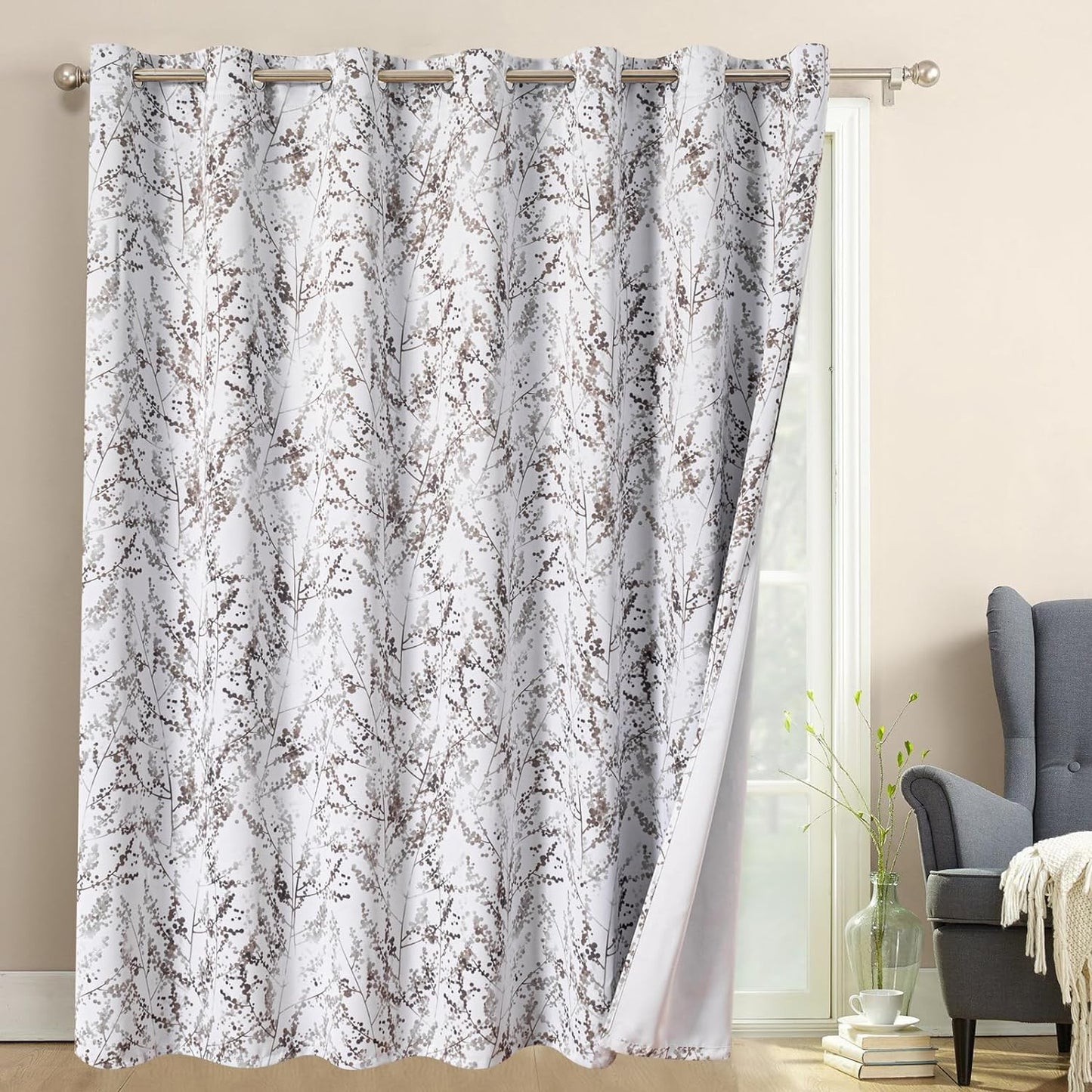 MYSKY HOME Living Room Curtains 84 Inches Long Thermal Insulated Room Darkening Curtains for Dining Room Patio Leaf Pattern Grommet Drapes for Bedroom, Sage, 2 Pieces  MYSKY HOME Branch-Brown 100"W X 84"L 
