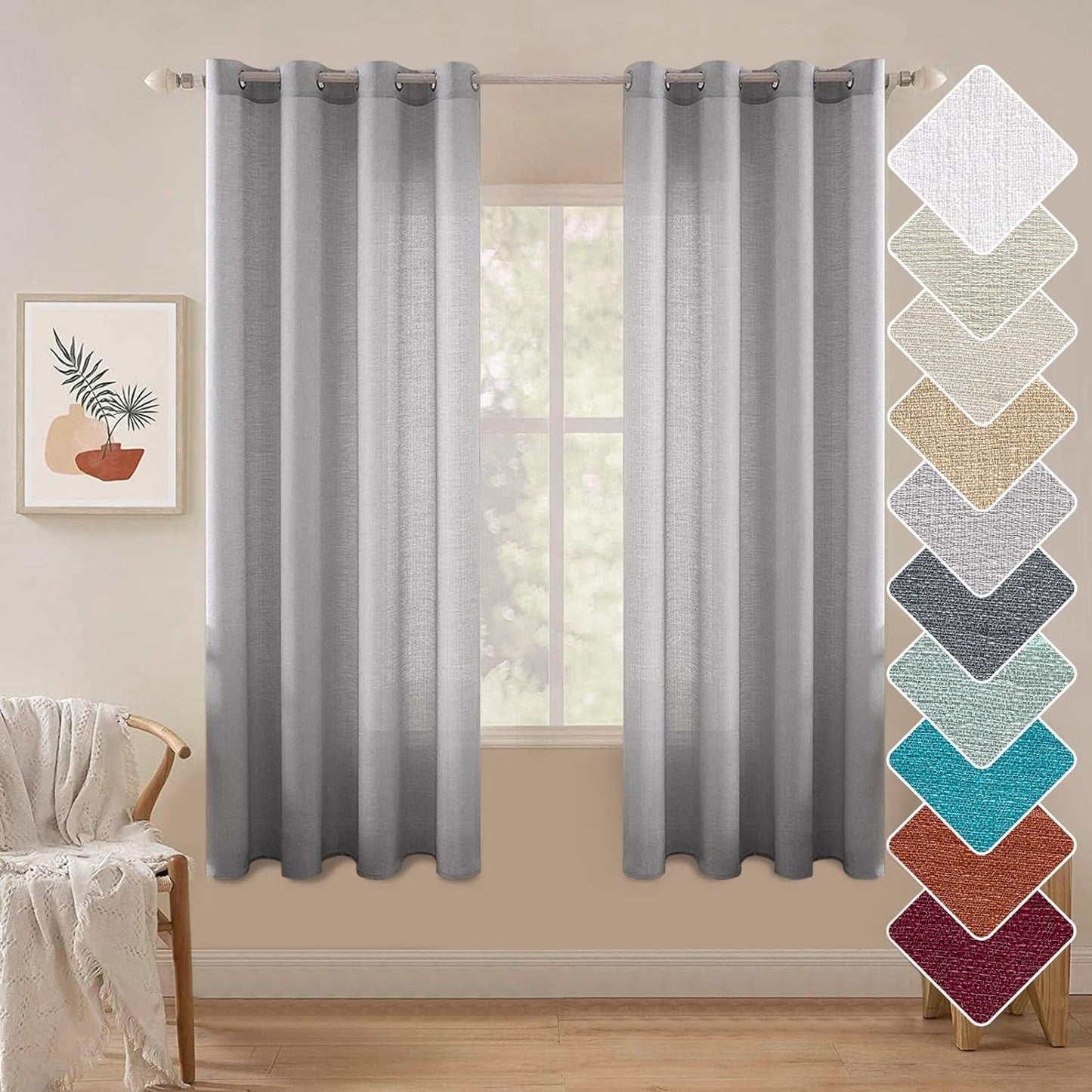 MIULEE Burnt Orange Linen Semi Sheer Curtains 2 Panels for Living Room Bedroom Linen Textured Light Filtering Privacy Window Curtains Terracotta Grommet Drapes Rust Boho Fall Decor W 52 X L 84 Inches  MIULEE Grommet | Silver Grey W52 X L63 