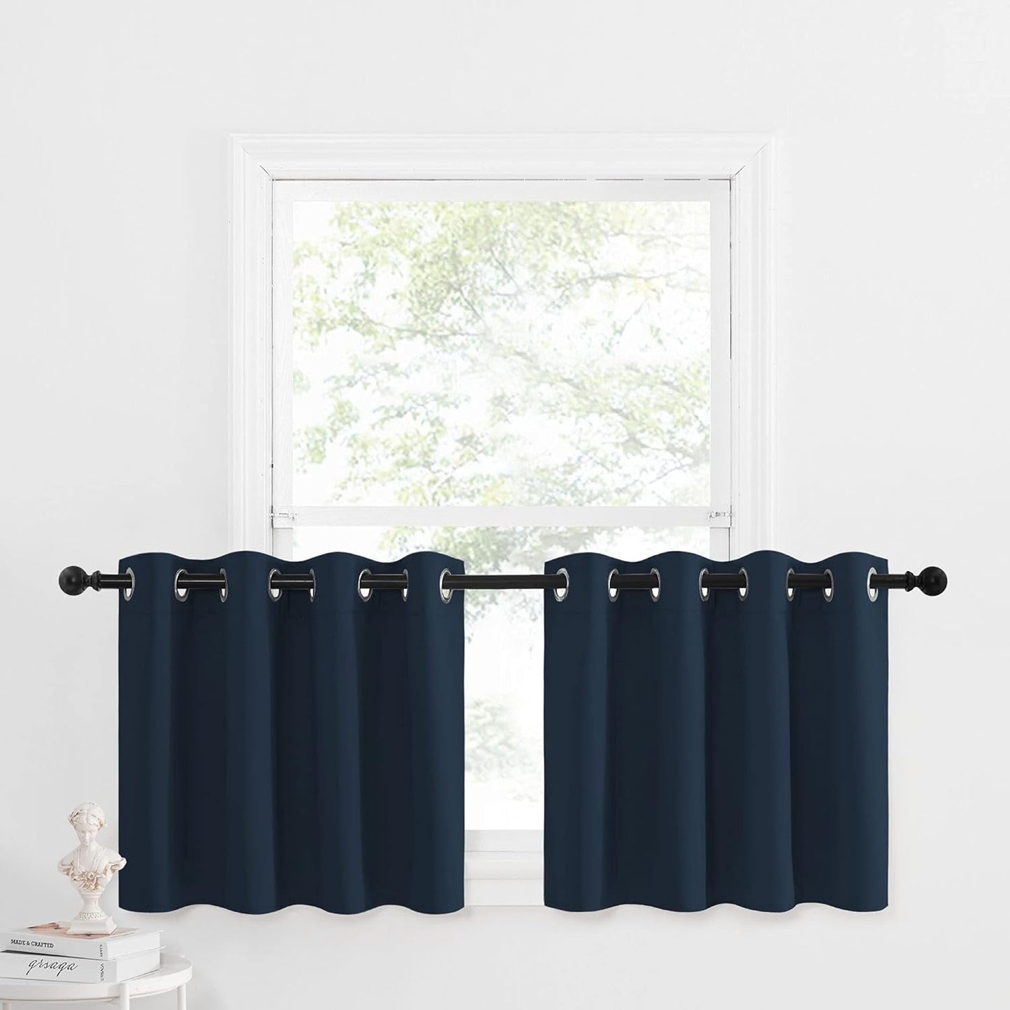 NICETOWN Kitchen Window Blackout Curtain - Grommet Cafe Short Window Valance Small Panel Drape for Nursery/Bay Window/Kitchen/Bathroom, W52 by L24.2 Inches Header, Navy, 1 PC