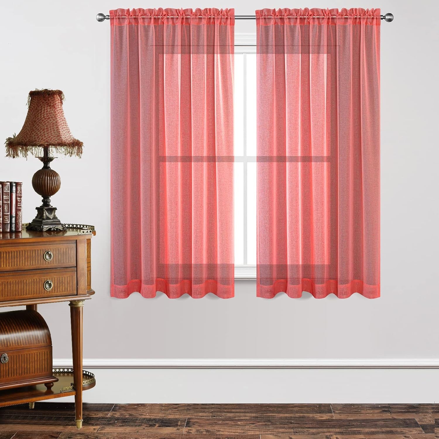 Joydeco White Sheer Curtains 63 Inch Length 2 Panels Set, Rod Pocket Long Sheer Curtains for Window Bedroom Living Room, Lightweight Semi Drape Panels for Yard Patio (54X63 Inch, off White)  Joydeco Red 54W X 63L Inch X 2 Panels 