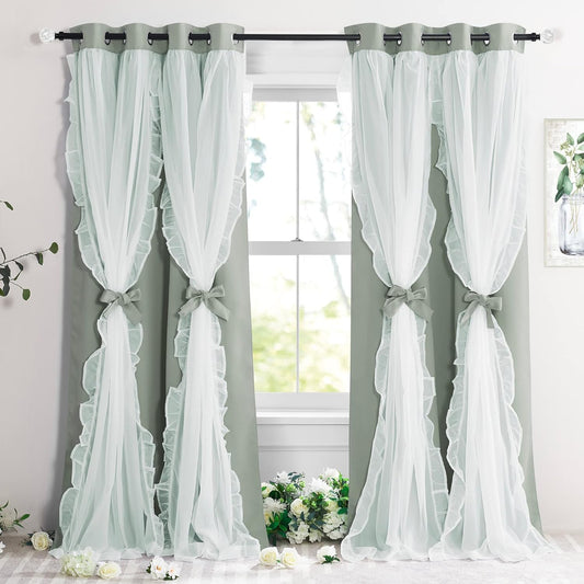 PONY DANCE Blackout Curtains for Living Room Decor Window Treatment Double Layer Drapes Ruffle Sheer Overlay Farmhouse Rustic Design, W 52 X L 84 Inches, Sage Green, 2 Panels  PONY DANCE Sage Green 52" X 84" 