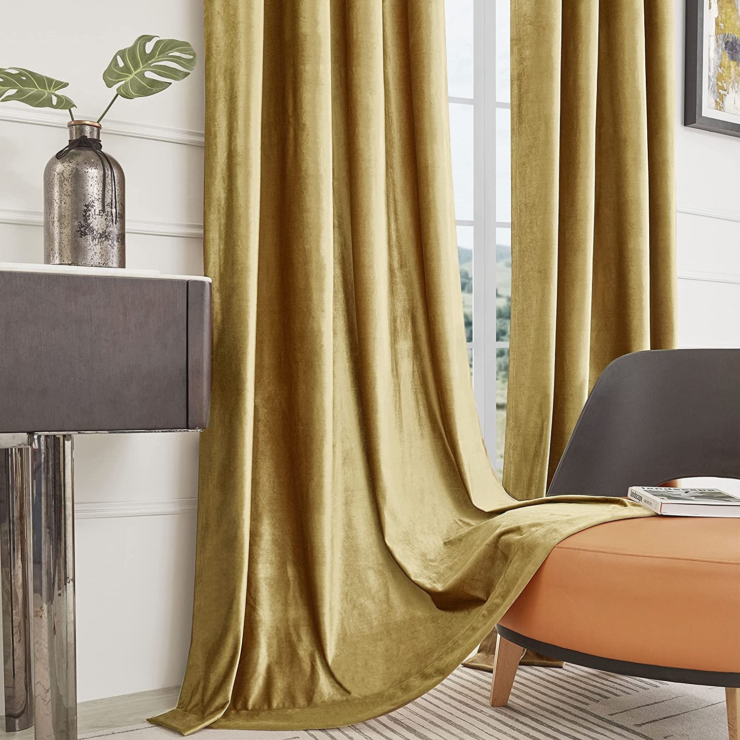 BULBUL Velvet Gold Curtains 84 Inch Length- Living Room Blackout Thermal Window Drapes Darkening Decor Grommet Curtains for Bedroom Set of 2 Panels  BULBUL   