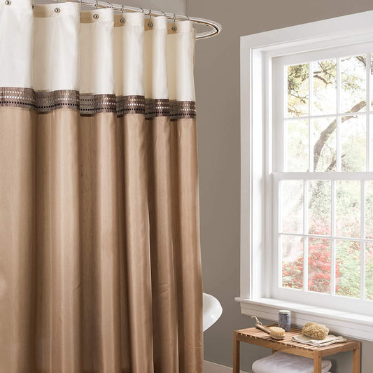 Lush Decor Beige/Ivory Terra Color Block Shower Curtain Fabric Striped Neutral Bathroom Decor, Inch, 72" W X 72" L