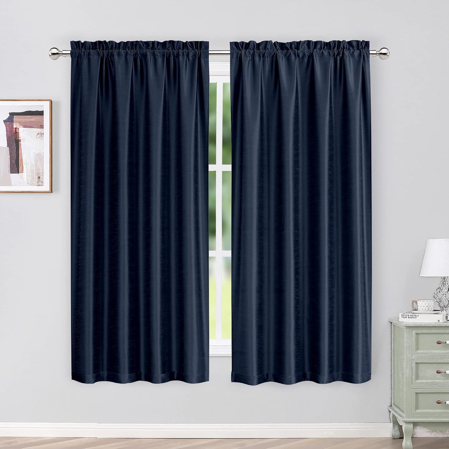 Chyhomenyc Uptown Sage Green Kitchen Curtains 45 Inch Length 2 Panels, Room Darkening Faux Silk Chic Fabric Short Window Curtains for Bedroom Living Room, Each 30Wx45L  Chyhomenyc Navy Blue 2X40"Wx63"L 