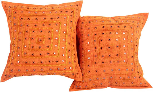 2 Orange Mirror Work Embroidery Indian Sari Throw Pillow Toss Krishna Mart Cushion Covers