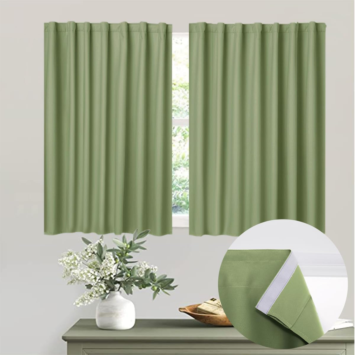 Muamar 2Pcs Blackout Curtains Privacy Curtains 63 Inch Length Window Curtains,Easy Install Thermal Insulated Window Shades,Stick Curtains No Rods, Black 42" W X 63" L  Muamar Sage Green 29"W X 36"L 