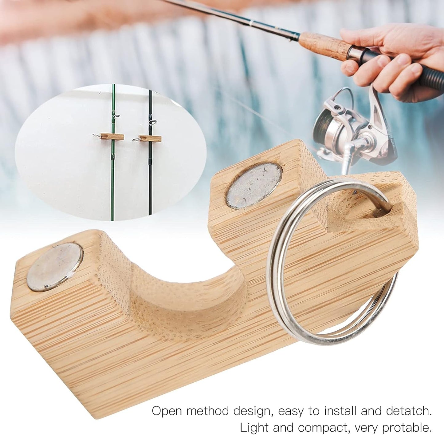 Magnetic Rod Rack, Bamboo Mini Fishing Rod Holder Portable and Light Nonslip Open Design for Fishing Rod