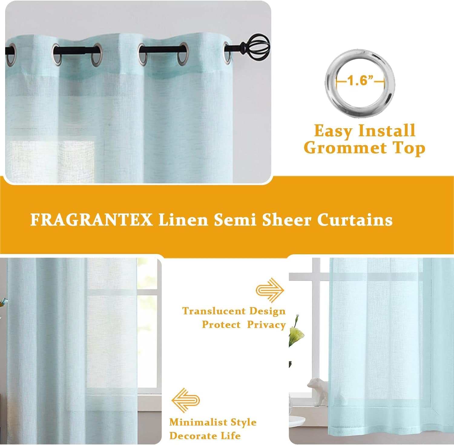 Fragrantex Linen Sheer Turquoise Curtains Panels for Bedroom 84 Inches Aqua Maldives Voile Curtain Drapes for Living Room Window Treatment Sets 2 Panels Grommet Header,40" W X 84" L  Home decor realm   