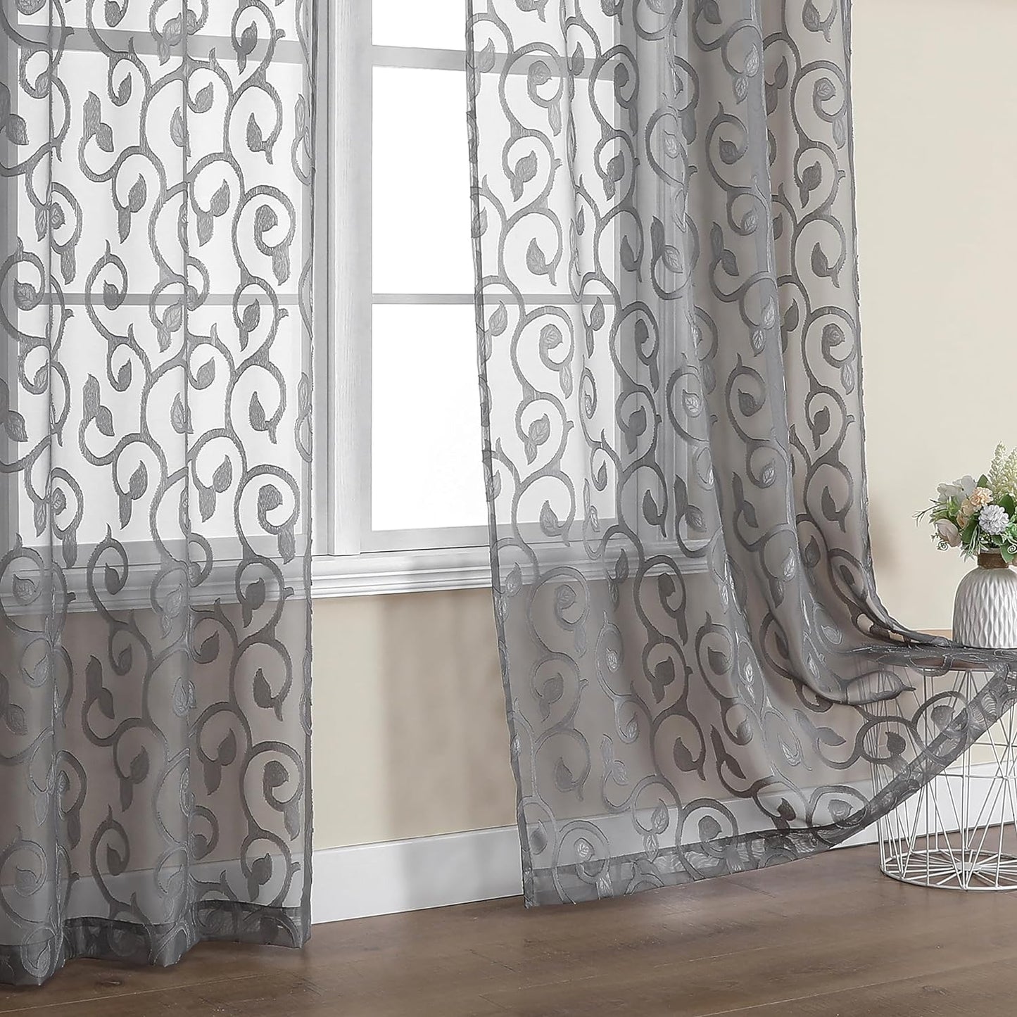OWENIE Furman Sheer White Curtains 84 Inches Long for Bedroom Living Room 2 Panels Set, White Curtains Jacquard Clip Light Filtering Semi Sheer Curtain Transparent Rod Pocket Window Drapes, 2 Pcs  OWENIE Charcoal Gray 40W X 84L 