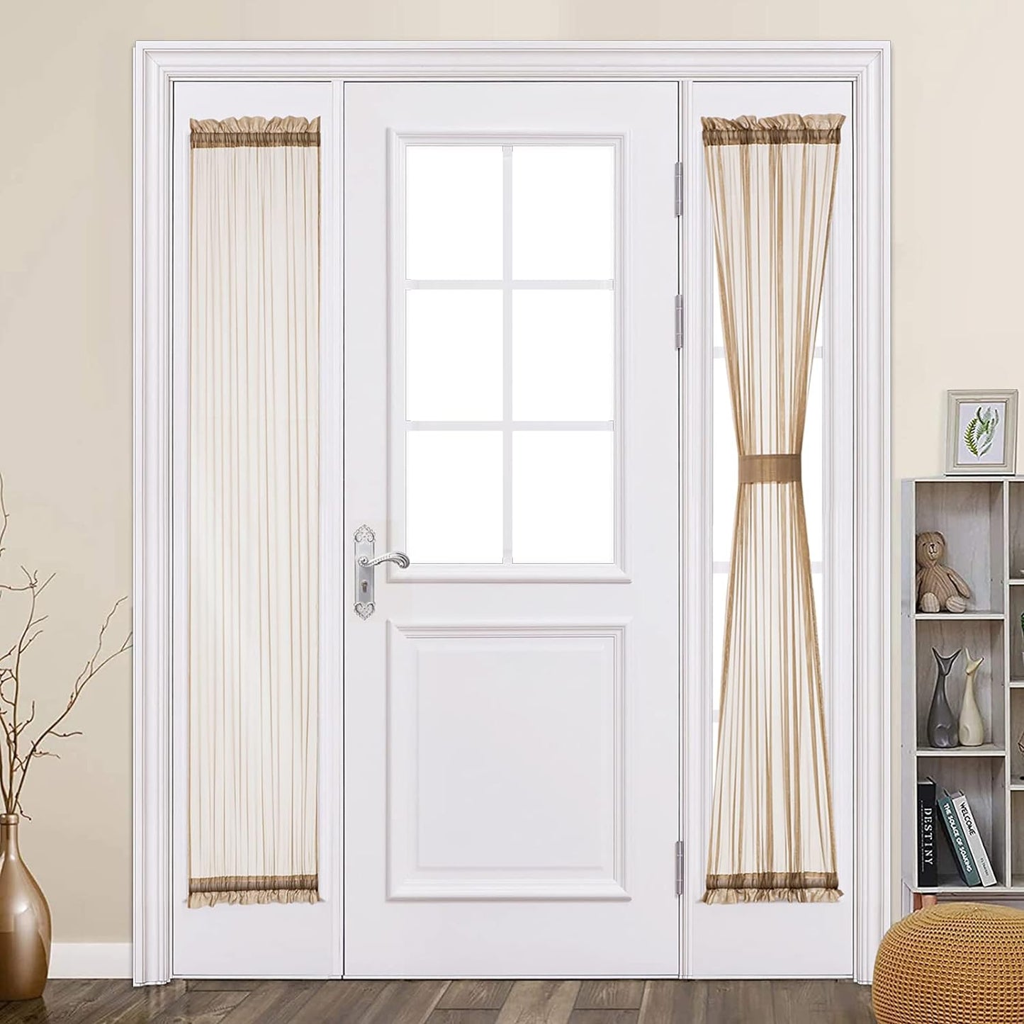 MIULEE French Door Sheer Curtains for Front Back Patio Glass Door Light Filtering Window Treatment with 2 Tiebacks 54 Wide and 72 Inches Length, White, Set of 2  MIULEE Brown 25"W X 72"L 
