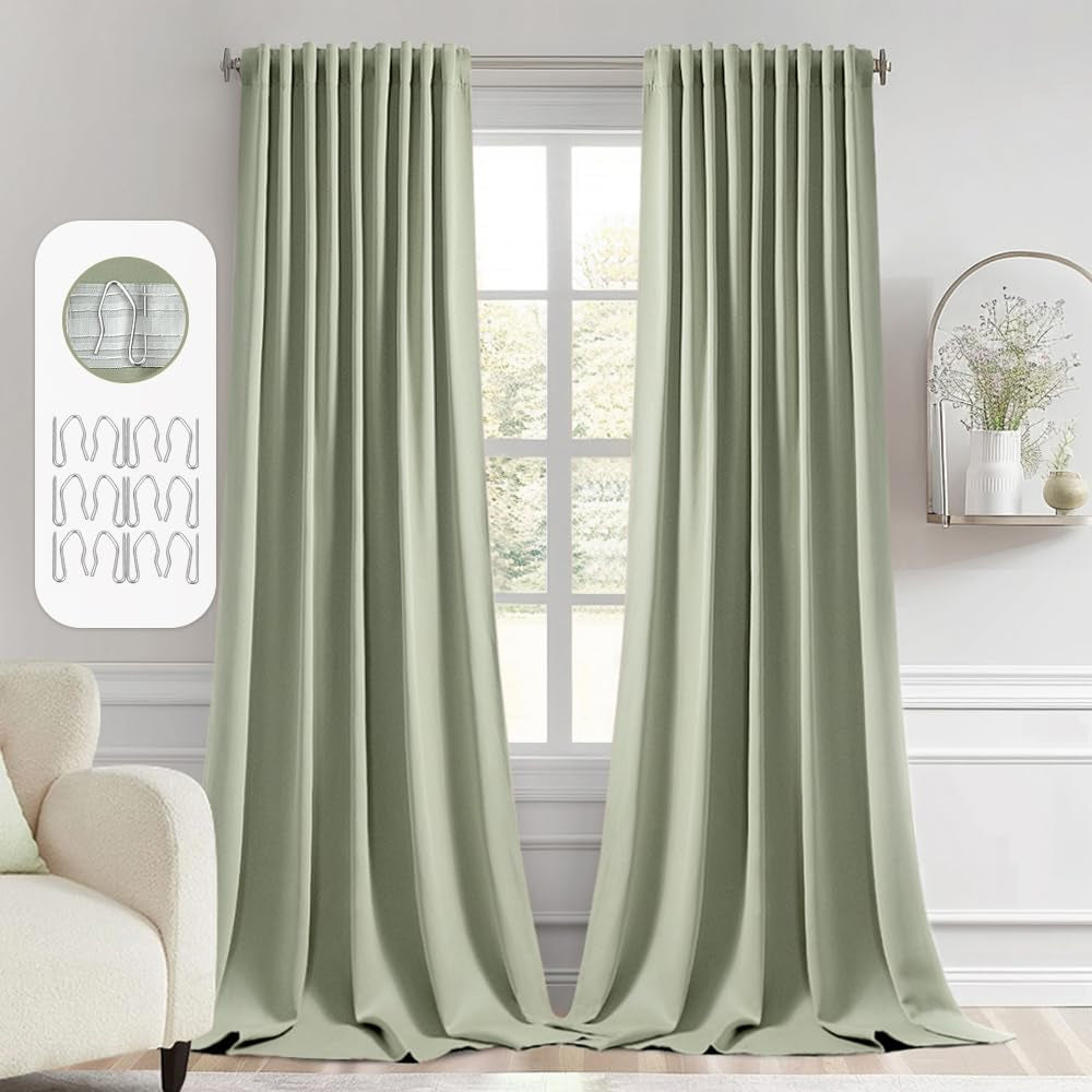 MIULEE 2 Panels Back Tab Blackout Curtains 96 Inch Long for Living Room Bedroom, Black Rod Pocket/Pinch Pleated Thermal Insulated Room Darkening Light Blocking Floor to Ceiling Curtains/Drapes  MIULEE Sage Green W52" X L108" 
