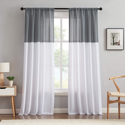 Melodieux Color Block Semi Sheer Curtains for Living Room 63 Inch Length, White Grey Linen Look Reversible Rod Pocket Window Drapes, 52 by 63 Inch (2 Panels)  Melodieux   
