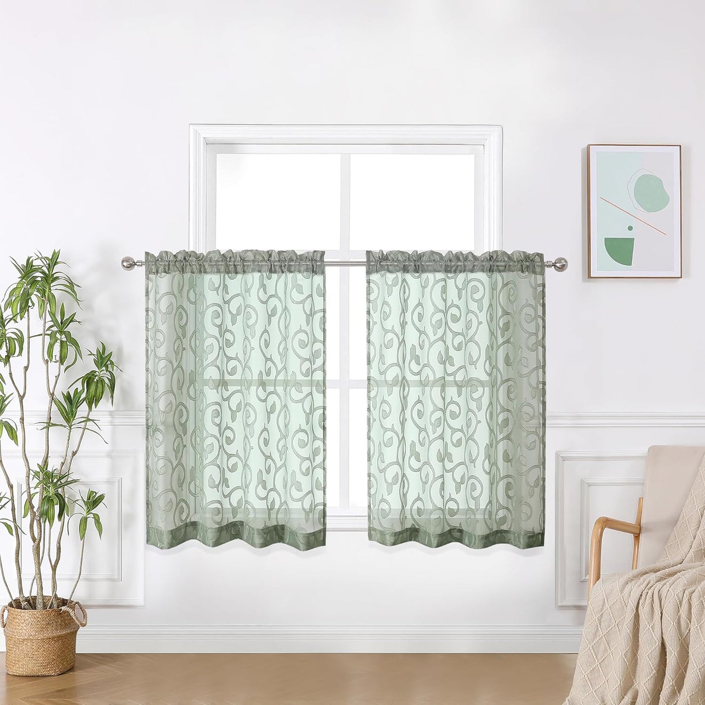 OWENIE Furman Sheer White Curtains 84 Inches Long for Bedroom Living Room 2 Panels Set, White Curtains Jacquard Clip Light Filtering Semi Sheer Curtain Transparent Rod Pocket Window Drapes, 2 Pcs  OWENIE Sage Green 26W X 36L 