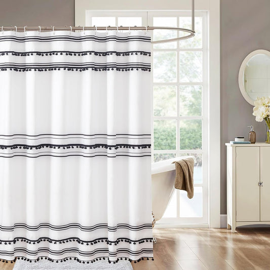 72"X72" Black and White Shower Curtain Sets with Boho Tassel Pendants Modern Black Striped Farmhouse Shower Curtain for Bathroom Waterproof Ployester 12 Hooks Home Decorations