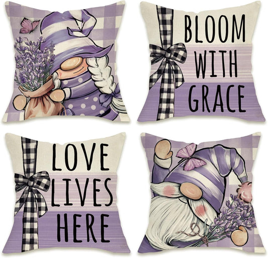 Spring Summer Gnome Decorative Throw Pillow Covers 18X18 Set of 4, Bloom with Grace Purple Lavender Flower Outdoor Pillowcase, Love Lives Here Plaid Stripes Farmhouse Cushion Case Home Decor