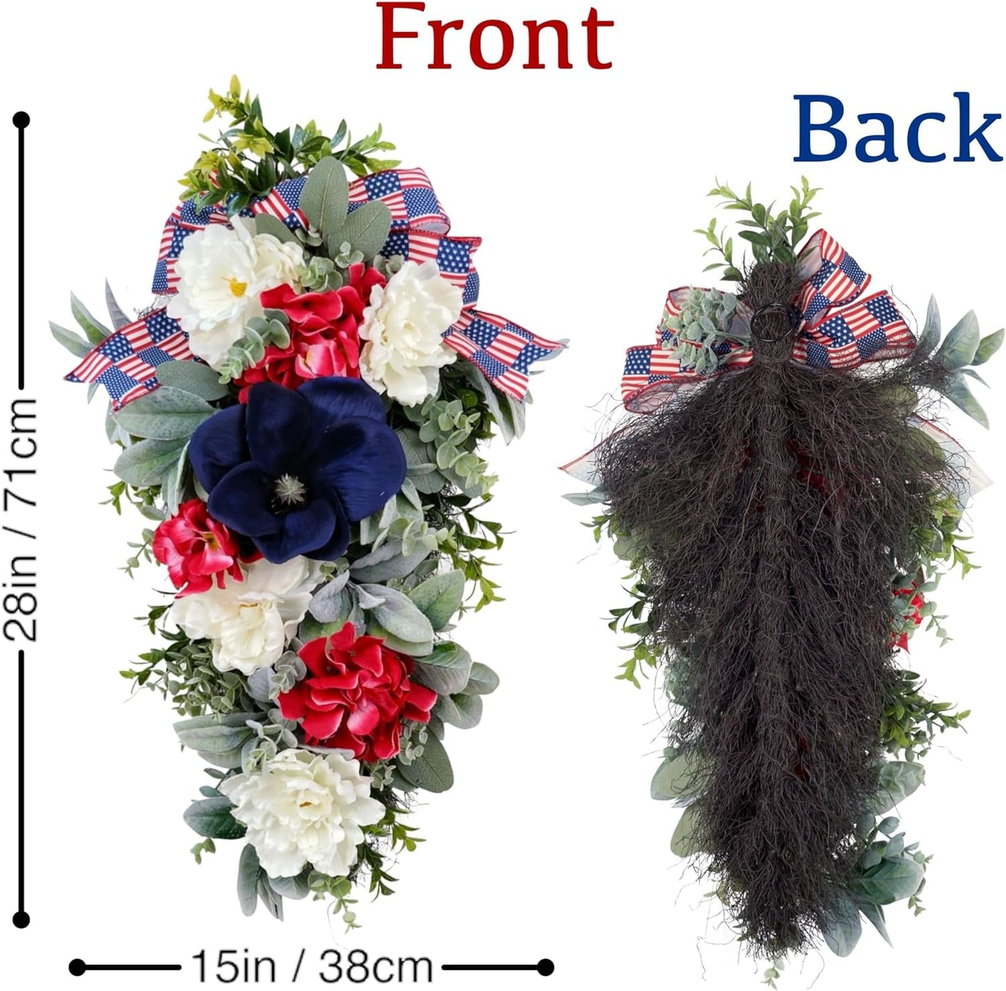 4Th of July Patriotic Swag - Red White Blue Summer Floral Swag with USA Flag Printed Bow - Artificial Flower Teardrop Wreath - American Summer Home Decor for Frong Door Porch Wall