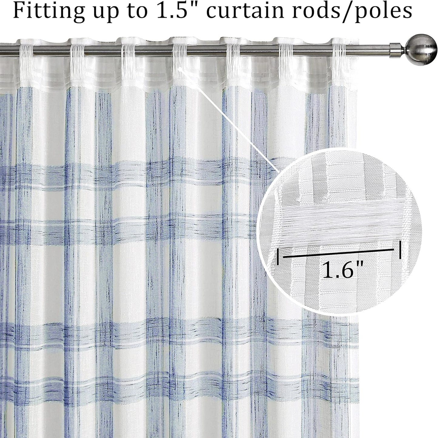Randall Geometric Check Curtain Panel 95 Inches Long for Living Room Linen Blend Semi Sheer Backtab Rod Pocket Farmhouse Style Window Treatment Drape Sets for Bedroom, 54Wx95Lx2, Blue/White  Randall   