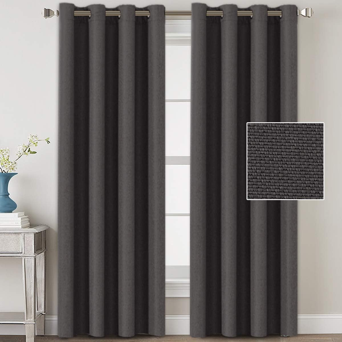 H.VERSAILTEX Linen Blackout Curtains 84 Inches Long Thermal Insulated Room Darkening Linen Curtains for Bedroom Textured Burlap Grommet Window Curtains for Living Room, Bluestone and Taupe, 2 Panels  H.VERSAILTEX Dark Grey 52"W X 108"L 
