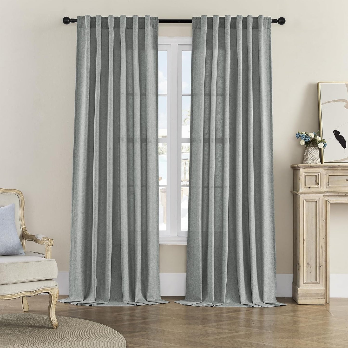 Linen Sheer Window Curtains, Rod Pocket & Back Tab Modern Semi Sheer Panels Privacy with Light Filter Linen Drapes for Sliding Glass Door/Living Room, W60 X L84, 2 Pieces  DONREN Dove Grey 50X120 