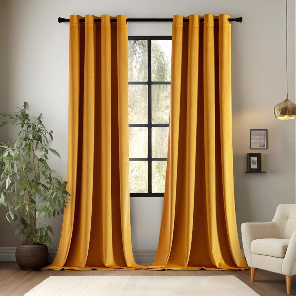EMEMA Olive Green Velvet Curtains 84 Inch Length 2 Panels Set, Room Darkening Luxury Curtains, Grommet Thermal Insulated Drapes, Window Curtains for Living Room, W52 X L84, Olive Green  EMEMA Velvet/ Mustard Yellow W52" X L96" 