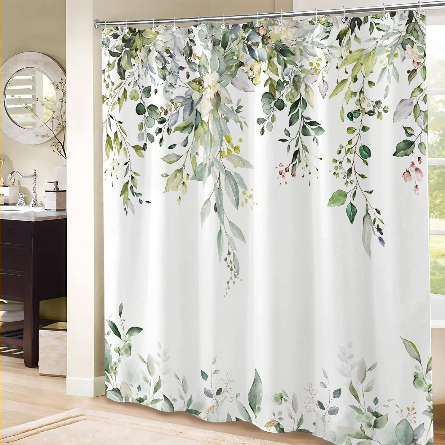Eucalyptus Plant Rustic Shower Curtain, Watercolor Leaves on the Top Country Farm House Shower Curtain, Spring Botanical Bathroom Curtain 72 ×72 Inch