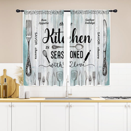 Rustic Kitchen Curtains 27.5W X 45L Inch Small Mini Teal Country Vintage Farmhous Fork Knife Spoon Cartoon Rod Pocket Short Curtain Tiers for Cafe Window Drapes Treatment Fabric 2 Panels