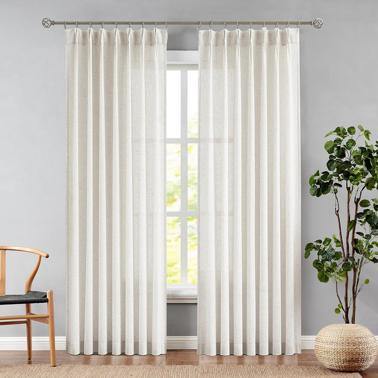 Central Park White Pinch Pleat Sheer Curtain 108 Inches Extra Long Textured Farmhouse Window Treatment Drapery Sets for Living Room Bedroom, 40"X108"X2  Central Park Linen/Pinch 40"X120"X2 