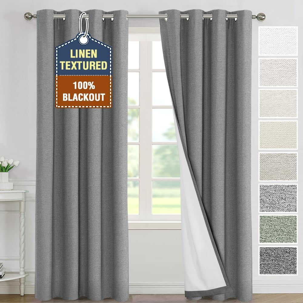 H.VERSAILTEX Linen Curtains Grommeted Total Blackout Window Draperies with Linen Feel, Thermal Liner for Energy Saving 100% Blackout Curtains for Bedroom 2 Panel Sets, 52X96 Inch, Ultimate Gray  H.VERSAILTEX Mid Grey 52"W X 108"L 