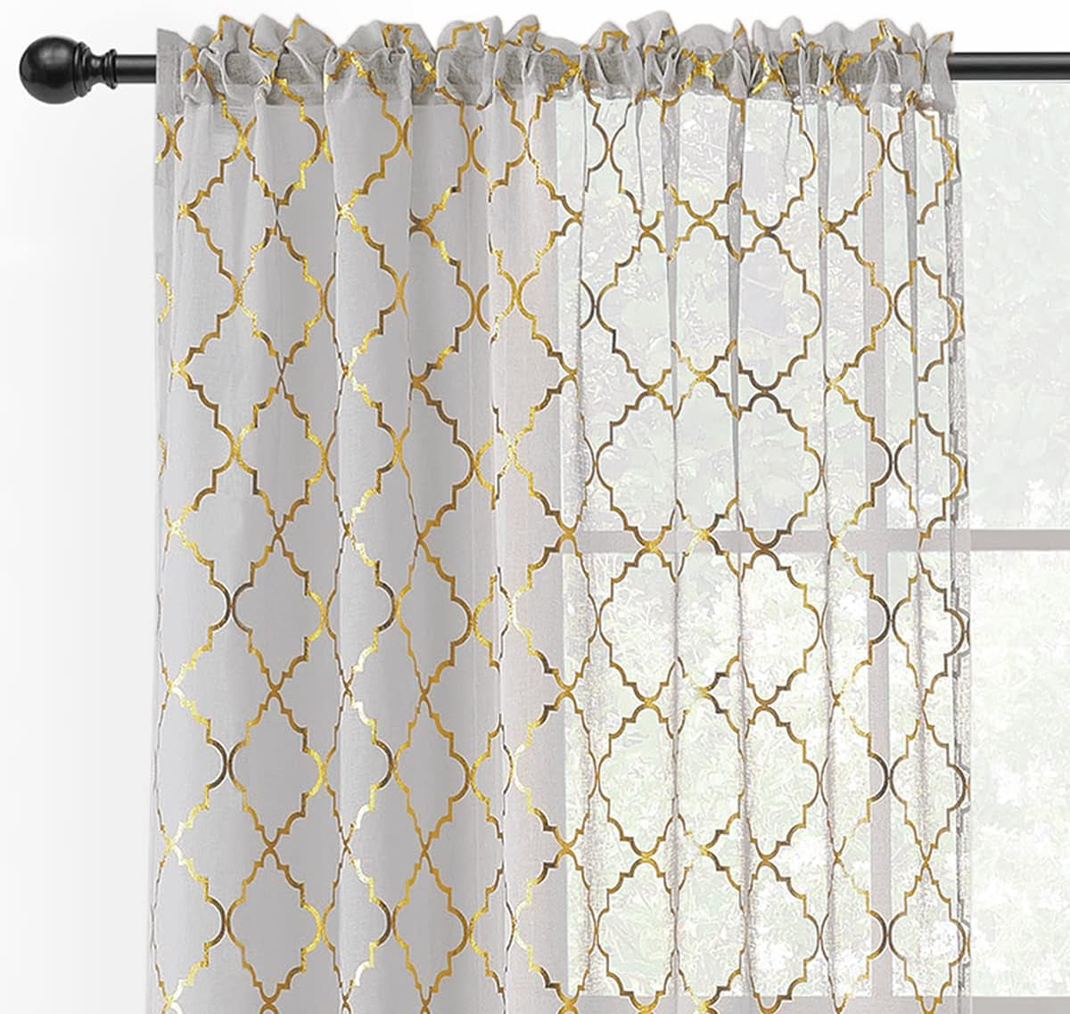 Kotile Silver Grey Sheer Curtains 96 Inch - Metallic Silver Foil Moroccan Tile Printed Rod Pocket Privacy Light Filtering Curtains for Living Room, 52 X 96 Inches, 2 Panels, Grey and Silver  Kotile Textile Grey Gold W52" X L108" 