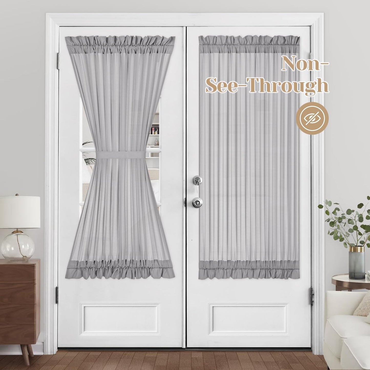 HOMEIDEAS Non-See-Through Sidelight Curtains for Front Door, Privacy Semi Sheer Door Window Curtains, Rod Pocket Light Filtering French Door Curtains with Tieback, (1 Panel, White, 26W X 72L)  HOMEIDEAS Light Grey 1 Panel-54 X 72 