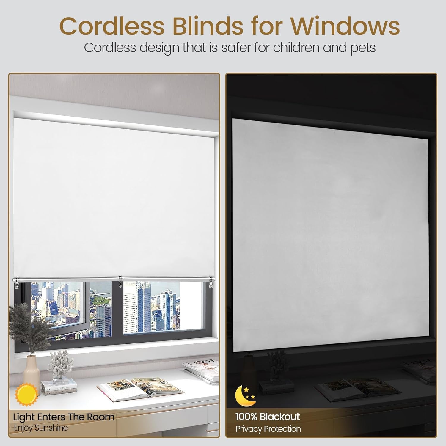 Blinds for Windows, 100% Blackout Roller Shades, 36"X 72" Cordless Window Blinds with Tapes No Drill Travel Blackout Blinds Window Curtains for Bedroom Nursery Dorm Room Windows